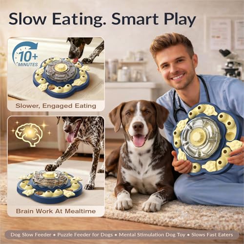Dog Puzzle Toy, 3 Levels of Step-by-Step Challenge, Spin to Release Treat Dispenser, Slow Feeder & Mental Stimulation Enrichment Toy for Small Medium Large Dogs - color: Sunflower Blue