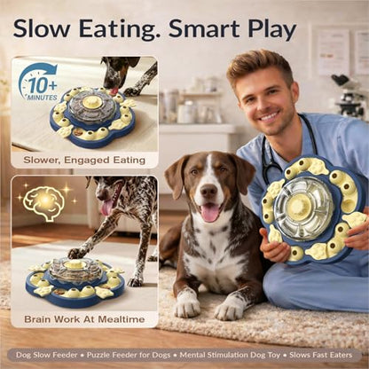 Dog Puzzle Toy, 3 Levels of Step-by-Step Challenge, Spin to Release Treat Dispenser, Slow Feeder & Mental Stimulation Enrichment Toy for Small Medium Large Dogs - color: Sunflower Blue