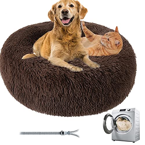 Donut Dog & Cat Bed - Premium Quality Plush Calming Pet Cosy Anti-Anxiety Bed With Non-Slip Bottom, Warm and Soft, Washable for Small/Medium/Large Dogs (Color: Coffee, Si - color: Coffee, size: 19.5"50cm