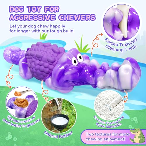 Squeaky Dog Chew Toys for Aggressive Chewers - Tough Crocodile Chew Toy for Small Medium Large Dogs, Dental Cleaning & Anxiety Relief, Boredom Buster (Purple) - color: Purple