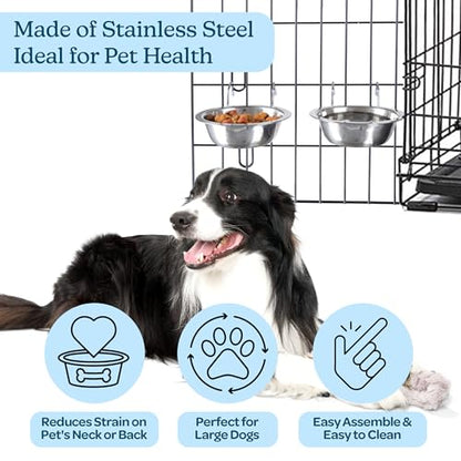 Set of 2 Stainless-Steel Dog Bowls - Cage, Kennel, and Crate Hanging Pet Bowls for Food and Water - 48oz Each and Dishwasher Safe by PETMAKER - size: 48 oz