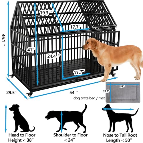 Heavy Duty Dog Crate 54 inch Dog Pet Kennel Cage for Extra Large Giant Dog with 2 Doors Lockable Wheels Removable Trays Top Access All Metal Durable
