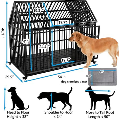Heavy Duty Dog Crate 54 inch Dog Pet Kennel Cage for Extra Large Giant Dog with 2 Doors Lockable Wheels Removable Trays Top Access All Metal Durable