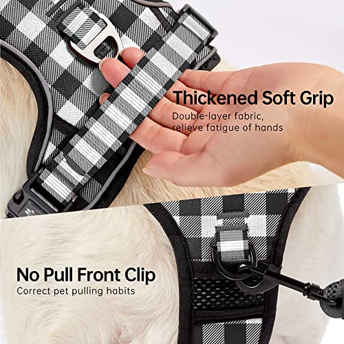 Dog Harness (Checkered Black,S) with Leash, Reflective, Adjustable, Soft Padded, Easy Control Handle, for Small Dogs, Front & Rear Clip Design - color: Checkered Black, size: 【S】neck 11-15" chest 15-21"