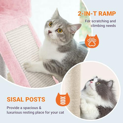 Allewie 81 Inches Tall Cat Tree/Multi-Level Large Climbing Tree House and Towers for Big Feline/Condo and Hammock/Scratching Post/Wide Base/Pink - color: Pink
