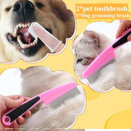 7 Pcs Cat Dog Brush Grooming Kits, Self-Cleaning Slicker Brush, Pet Nail Clipper and File, Flea Comb, Pet Shampoo Bath Brush, Pet Finger Toothbrush, Storage Bag (Pink) - color: Pink