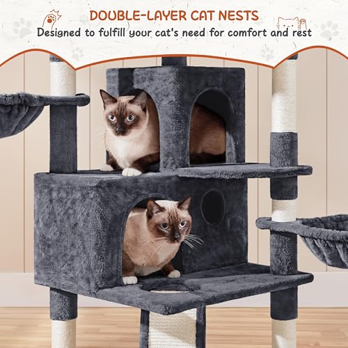 Yaheetech 76.5in Multi-Level Large Cat Tree, Big Cat Tower with 3 Condos, Cozy Plush Perches, 9 Sisal Scratching Posts and Ladder, Activity Center for Large Kitties, Dark Gray - color: Dark Gray