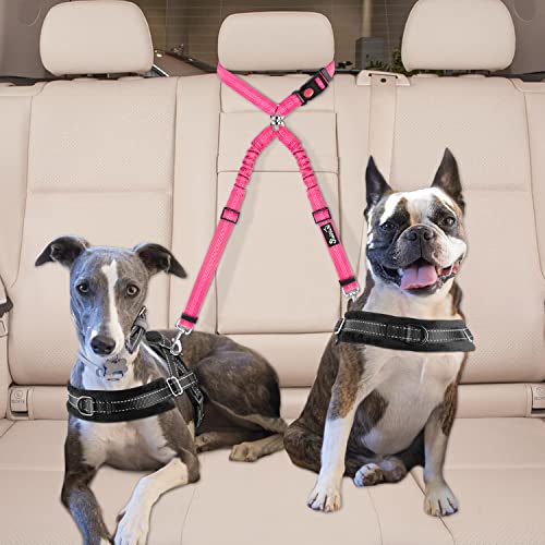 Lukovee Double Dog Seat Belt, New Dual Pet Car Headrest Restraint Safety Seatbelt No Tangle Dog Leash Duty Adjust Elastic Bungee Puppy Lead Splitter Connect Harness in Vehicle Travel for 2 Dogs (FL) - color: Fluorescent Pink