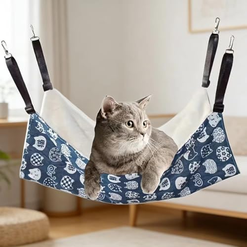 Cat Cage Hammock, Reversible for Use, Adjustable Pet Cat Bed, Soft Sleeping Cat Bed, Suitable for Cats, Puppies, Bunnies and Other Little Pets, Thickened Style, Blue, S(13.7 * 13.7in) - size: Small