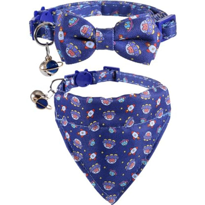 Cat Collar Breakaway with Cute Bow Tie Bandana and Bell Universe Accessories for Kitty Adjustable Safety - color: universe