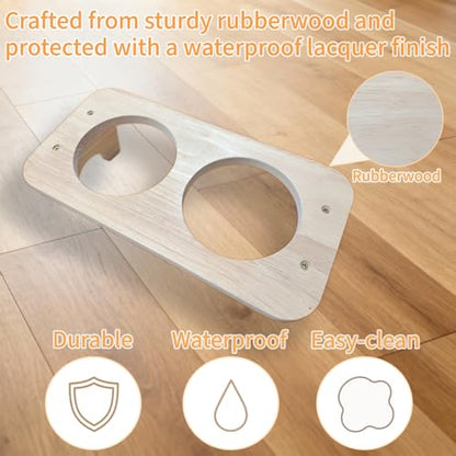 Raised Cat Food Bowls with 15° Tilt & Wood Base – Cat Food and Water Bowl Set, Upgraded Anti-Vomit Feeder Station with 2 Ceramic Dishes for Your Kitten or Puppy, Dishwasher Safe
