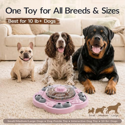 Dog Puzzle Toy, 3 Levels of Step-by-Step Challenge, Spin-to-Release Treat Dispenser, Slow Feeder & Mental Stimulation Enrichment Toy for Small Medium Large Dogs - color: Pink