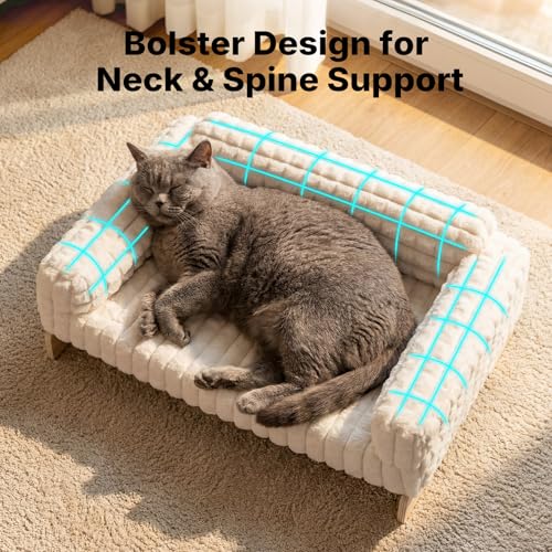 Veehoo Elevated Cat Bed Indoor, Wood Furniture Style Cat Couch Sofa with Removable Washable Cover, Cute & Fluffy Small Cats Bed Furniture for Home