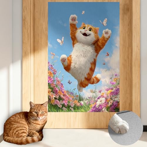 Cat Scratching Mat 15.3x23.6 Inches Polyester Synthetic Fiber, Jumping Orange Cat & Butterflies Print, wall Scratcher, Scratch pad, Home Decor, Bedroom, Patio (2pcs) - color: VE08121-2pcs