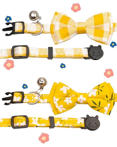 Cat Collar with Bow Tie Bell Breakaway Bowtie 2pcs Set Spring Plaid Flower Floral Solid Boy Girl Cute Kitten Safety A Yellow Flower & Plaid - color: A [Flower & Plaid]-Yellow