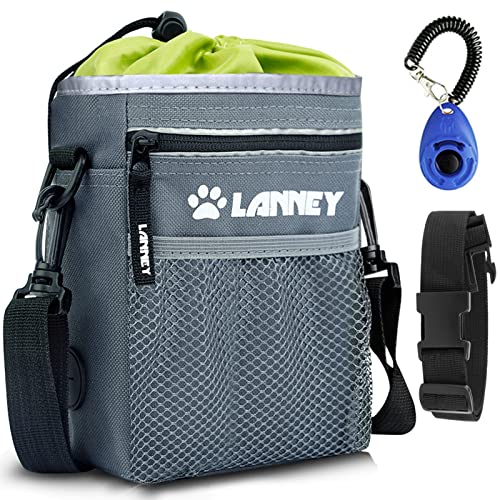 Dog Treat Pouch - 3 Ways to Wear Dog Treat Bag, Dog Training Treat Pouches for Pet Training with Clicker, Shoulder Strap, Adjustable Belt, Poop Bag Dispenser, Easily Carrying Kibble Snacks Pet Toys - color: Pouch(Gray with Green)+Clicker