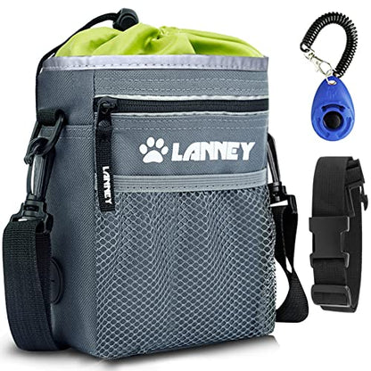 Dog Treat Pouch - 3 Ways to Wear Dog Treat Bag, Dog Training Treat Pouches for Pet Training with Clicker, Shoulder Strap, Adjustable Belt, Poop Bag Dispenser, Easily Carrying Kibble Snacks Pet Toys - color: Pouch(Gray with Green)+Clicker