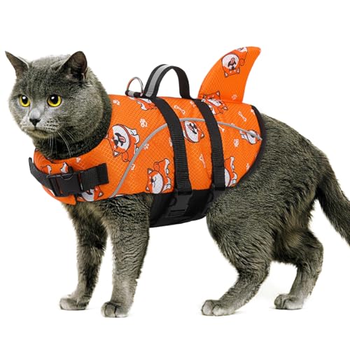 Queenmore XXS Cat Life Vest for Swimming, Extra Small Dog Life Jacket for Boating, Lightweight Dog Shark Life Jacket with Rescue Handle/Leash Hook/Reflective Strips - color: OrangePrint, size: XX-Small