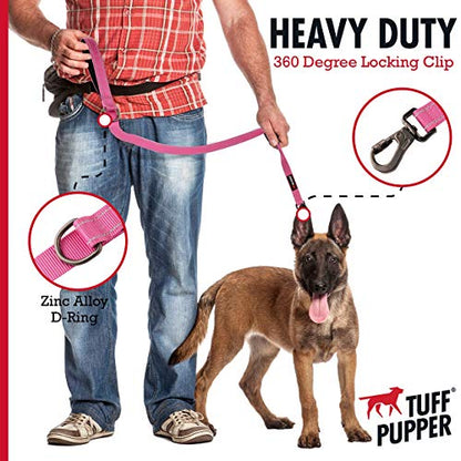 Tuff Pupper Heavy Duty Double Handle Leash | Twist Locking Carabiner Clip | Safety Lock for Strong Dogs | Reflective for Safe Night Walks | 6 Foot Leash for Medium & Large Dogs - color: Hot Pink