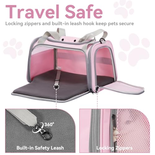 Airline Approved Cat Carrier 17.5×10.5×10.5 in, Escape-Proof Design with Locking Zippers & Safety Leash, Easy-Access 3-Way Entry, Washable Mat, Gift-Ready Holiday Choice for Cats up to 12 lb - color: Pink, size: Medium