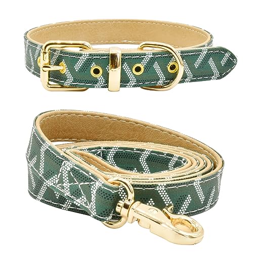 Leather Dog Collar and Leash Set, Check Pattern Dog Collar Leashes Metal Buckle Adjustable Durable for Small Medium Large Dogs (Green, M(11.8-15IN)) - color: Green, size: M(11.8-15IN)
