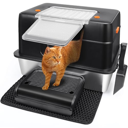 Vivifying Stainless Steel Litter Box, XL Side Entry Extra Large Litter Box with Lid for Big Cats & Kitty, Removable Enclosed Metal Cat Pan with High Sided Enclosure, Scoop (Black) - color: Black
