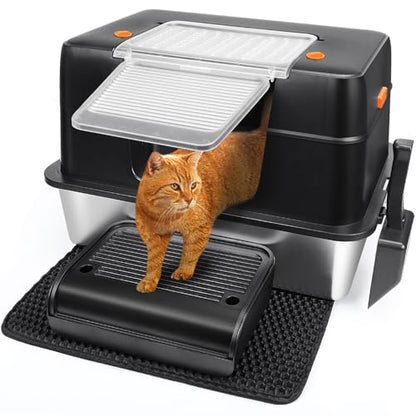 Vivifying Stainless Steel Litter Box, XL Side Entry Extra Large Litter Box with Lid for Big Cats & Kitty, Removable Enclosed Metal Cat Pan with High Sided Enclosure, Scoop (Black) - color: Black