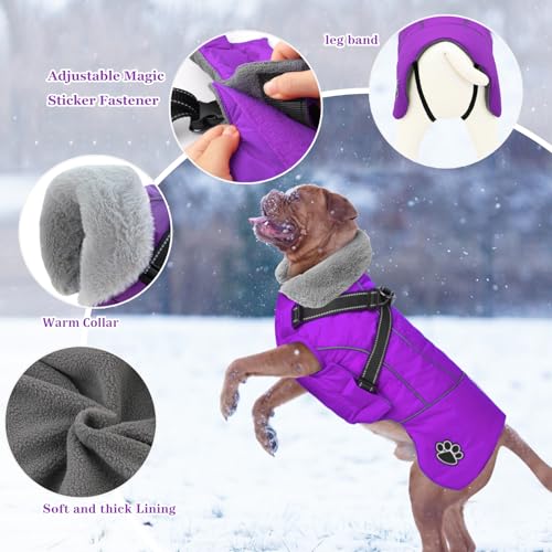 Dog Jacket Waterproof Dog Coat with Harness Built in, Christmas Puppy Winter Coat Reflective Turtleneck Puffer Snow Jackets for Small Medium Large Dogs - color: Purple, size: Small