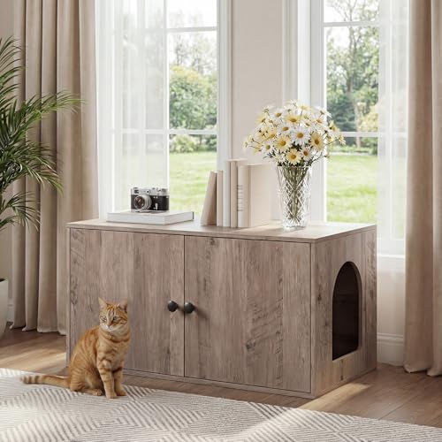 HOOBRO Cat Litter Box Enclosure, Hidden Litter Box Furniture with Side Entry, Litter Box Cabinet, Indoor Cat House, End Side Table, 31.5"L x 17.7"W x 16.3"H, for Living Room, Bathroom, Greige BG40MW01 - color: Greige