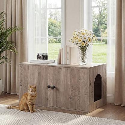 HOOBRO Cat Litter Box Enclosure, Hidden Litter Box Furniture with Side Entry, Litter Box Cabinet, Indoor Cat House, End Side Table, 31.5"L x 17.7"W x 16.3"H, for Living Room, Bathroom, Greige BG40MW01 - color: Greige