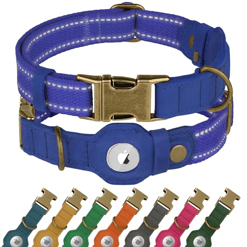Reflective Leather Dog Collar with AirTag Holder - Soft Apple Airtag Dog Collar with Metal Buckle - Safety Cotton Pet Collars for Dogs Small Large Dogs Puppy (Blue, S, 12"-15") - color: Blue, size: S, 12"-15"