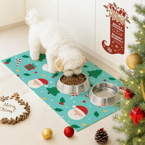 HOMETITUTE Cute Christmas Themed Pet Food Mat Green Santa Print Dog Feeding Mat Non Slip Mats for Cat Food and Water Bowls 20" x 12" Dog Bowl Mats Pets Placemat Easy Clean Christmas Pet Supplies - color: Green