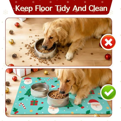 HOMETITUTE Cute Christmas Themed Pet Food Mat Green Santa Print Dog Feeding Mat Non Slip Mats for Cat Food and Water Bowls 20" x 12" Dog Bowl Mats Pets Placemat Easy Clean Christmas Pet Supplies - color: Green