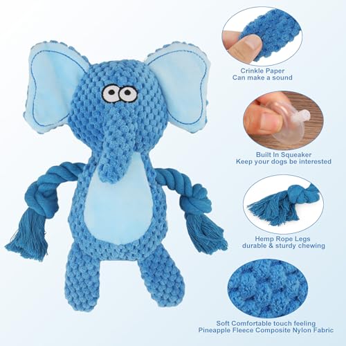 Dog Toys, Dog Squeaker Toys with Crinkle Paper, Stuffed Animal Dog Plush Chewing Toy, Cotton Rope Interactive Toys for Puppy, Small, Middle Dogs (Blue Elephant) - color: Blue