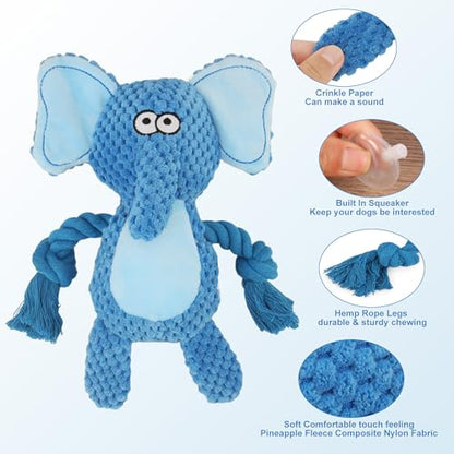 Dog Toys, Dog Squeaker Toys with Crinkle Paper, Stuffed Animal Dog Plush Chewing Toy, Cotton Rope Interactive Toys for Puppy, Small, Middle Dogs (Blue Elephant) - color: Blue