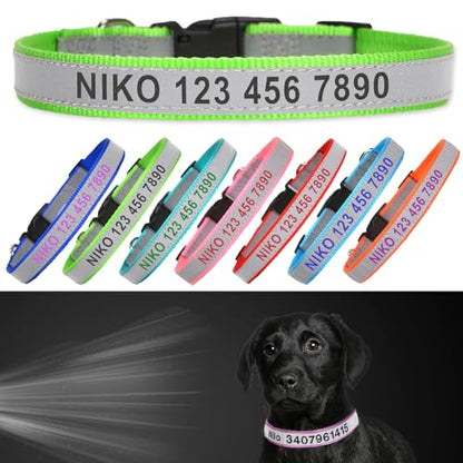 Reflective Personalized Dog Collar - Custom Embroidered Pet Name and Phone Number with Adjustable Nylon Buckle Collars in 5 Sizes XS to XL for Boy and Girl Dogs,Puppy,Neon Green - color: Neon Green