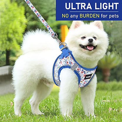 Small Dog Harness Collar and Leash Set, Step in No Chock No Pull Soft Mesh Adjustable Dog Vest Harnesses Plaid Reflective for Dogs Puppy Cats Kitten Rabbit (Blue Flower, XS) - color: Blue Flower, size: XS