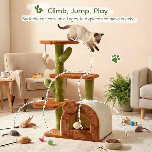 Cactus Cat Tree for Indoor Cats, 27.5'' Small Cat Tower with Cozy Condo, Wide Top Perch Multi-Level Climbing and Lounging Space, Brown - color: Brown-2