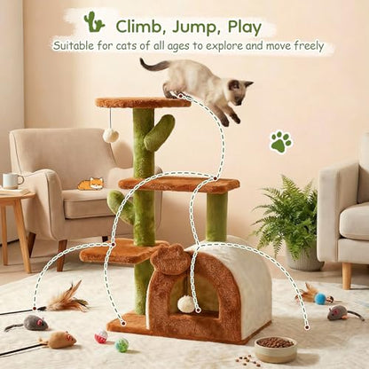 Cactus Cat Tree for Indoor Cats, 27.5'' Small Cat Tower with Cozy Condo, Wide Top Perch Multi-Level Climbing and Lounging Space, Brown - color: Brown-2