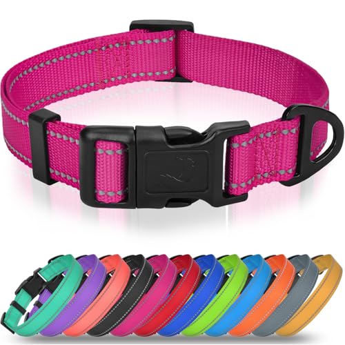 Joytale Small Dog Collar, Durable Double-Sided Reflective Nylon Collar for Night Safety, Adjustable Quick-Release for Active Breeds, Hotpink, S (3/4" Width) - color: Hot Pink, size: S+: Width 3/4", Neck 10-16"