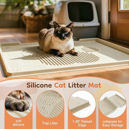 ISSEVE Cat Litter Mat 40" x 28" XL, Extra Large Silicone Mat for Litter Box, 1.38" Raised Edge Urine Waterproof Litter Trapping Mat Pad for Scatter Control, Soft on Kitty Paws, Protect Floor (Beige) - color: Beige