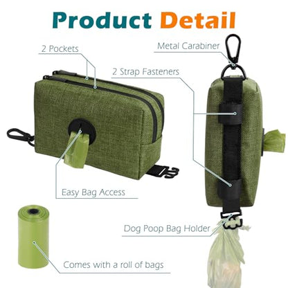 Dog Poop Bag Holder, Portable Pet Waste Bag Dispenser, 2 Pouches for Treats and Walking Accessories, Fit All Leashes, Includes 1 Roll of Dog Poop Bags (Army Green) - color: Army Green