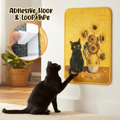 Sisal Cat Scratching Pad - Shedding-Resistant Wall Scratcher Mat for Indoor Cat, Kitten Art Print Sunflower Scratching Mats for Carpet Couch Furniture with Adhesive Hook Loop Tape(24*16in)