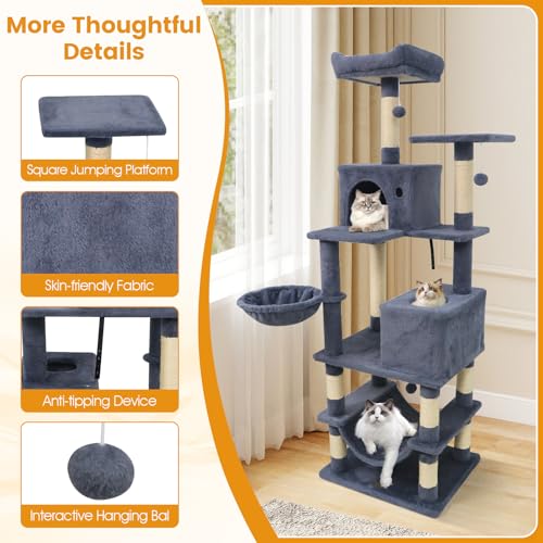 PETSITE 66 Inches Tall Cat Tree, Multi-Level Cat Tower with Sisal Scratching Posts, Side Basket, 2 Comfy Condos, Hammock, Soft Padded Top Perch, and Hanging Balls, Ideal for Indoor Cats (Dark Grey) - color: Dark Grey