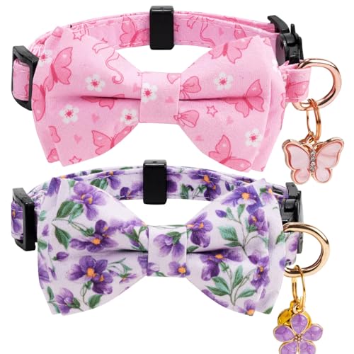 2 Pack Cotton Cat Collar with Bow Tie and Bell for Girl Boy Cats,Cute Pink Flamingo and Blue Whale Pattern Spring Summer Breakaway Cat Collar for Male Female Cats (Butterfly&Violet) - color: Butterfly&Violet