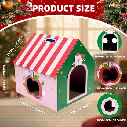 WUGO Cute Cat Scratcher House Cardboard Cat House with 2pcs Scratching Pad 16.5"x16"x17" Reversible Cute Cat House Decorations Scratcher for Kitty Play House for Indoor Cats’ Birthday Cats Red