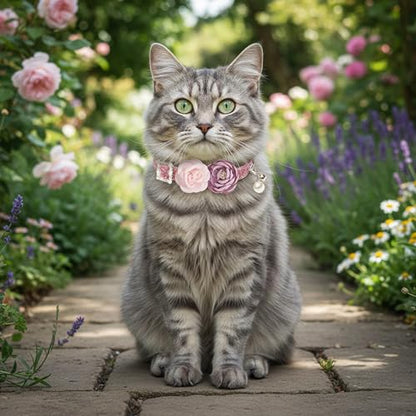 Cat Collars with Bell - 2 Pack Breakaway Floral Cute Cat Collars for Girl Boy Cats, Kitten, Puppy - Adjustable (7.5"-12.5") Soft Velvet Cat Collar Accessories - color: pink+green