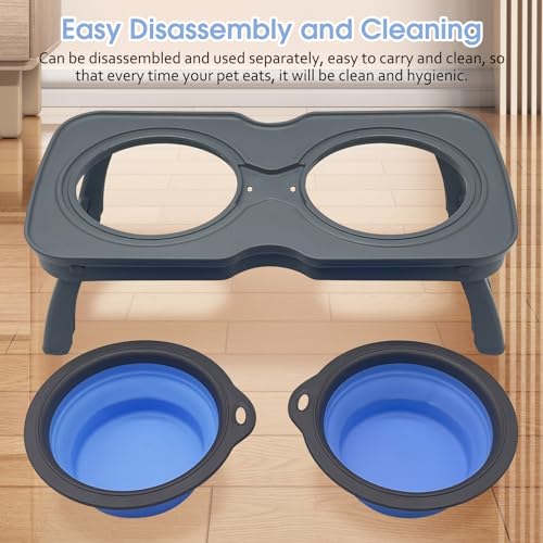 PINVNBY Elevated Portable Dog Bowl, Travel Raised Stand with Collapsible Silicone Double Diner Bowls Non-Slip Food and Water Bowls Holder for Small Dogs and Cats - 14.6" L x 7.5" W x 3.9" H