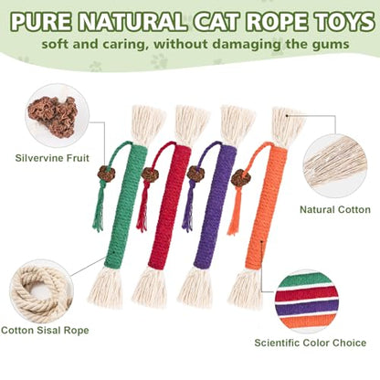 WOUSEDO 8 Pack Catnip Chew Toys for Cats,Cotton Sisal Rope Toys,Cat Natural Silvervine Sticks,for Cat Teeth Cleaning and Dental Care,Interactive Toy for Bored Indoor Cats - size: 8 PACK