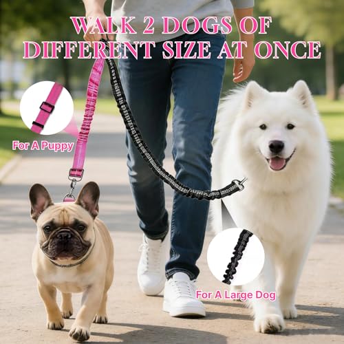 Double Dog Leash Coupler, 360° Swivel No Tangle for Two Dogs, Reflective Shock-Absorbing Bungee, Adjustable Heavy Duty Split Lead for Different Size Pups